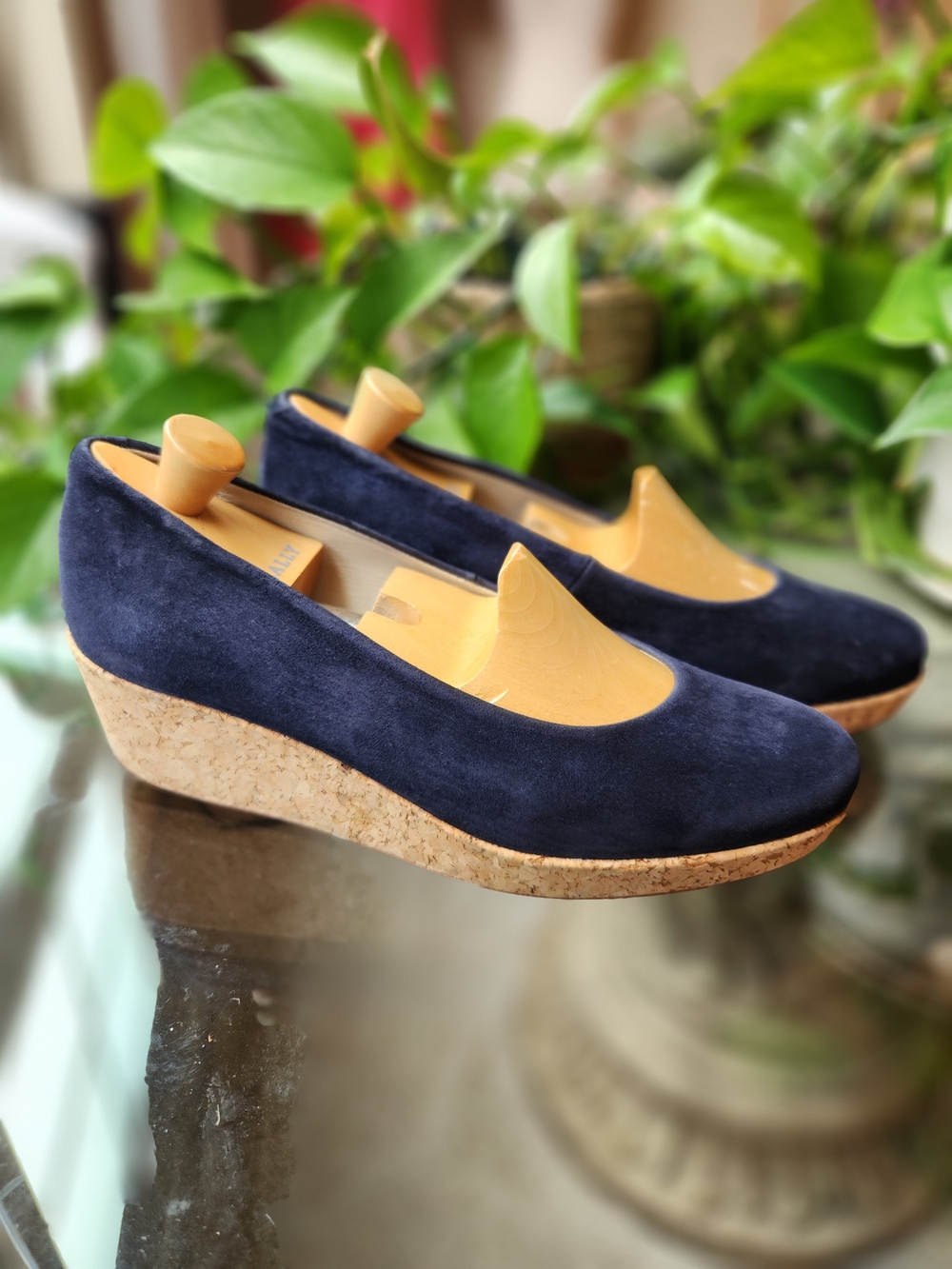 Navy Blue Suede Size 9 Round Toe Cork Designer Wedge Pump Made In Spain